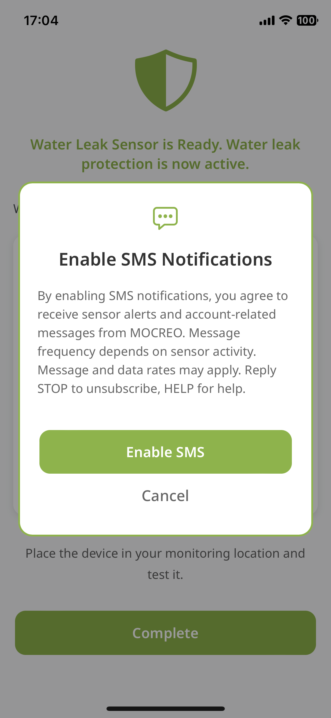 MOCREO app opt‑in dialog showing consent disclosure and Enable SMS button