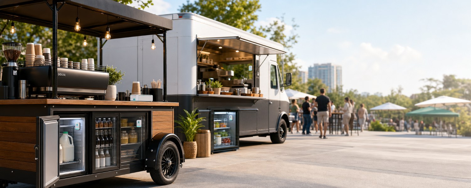 Mobile coffee cart and food truck with wireless temperature monitoring sensors