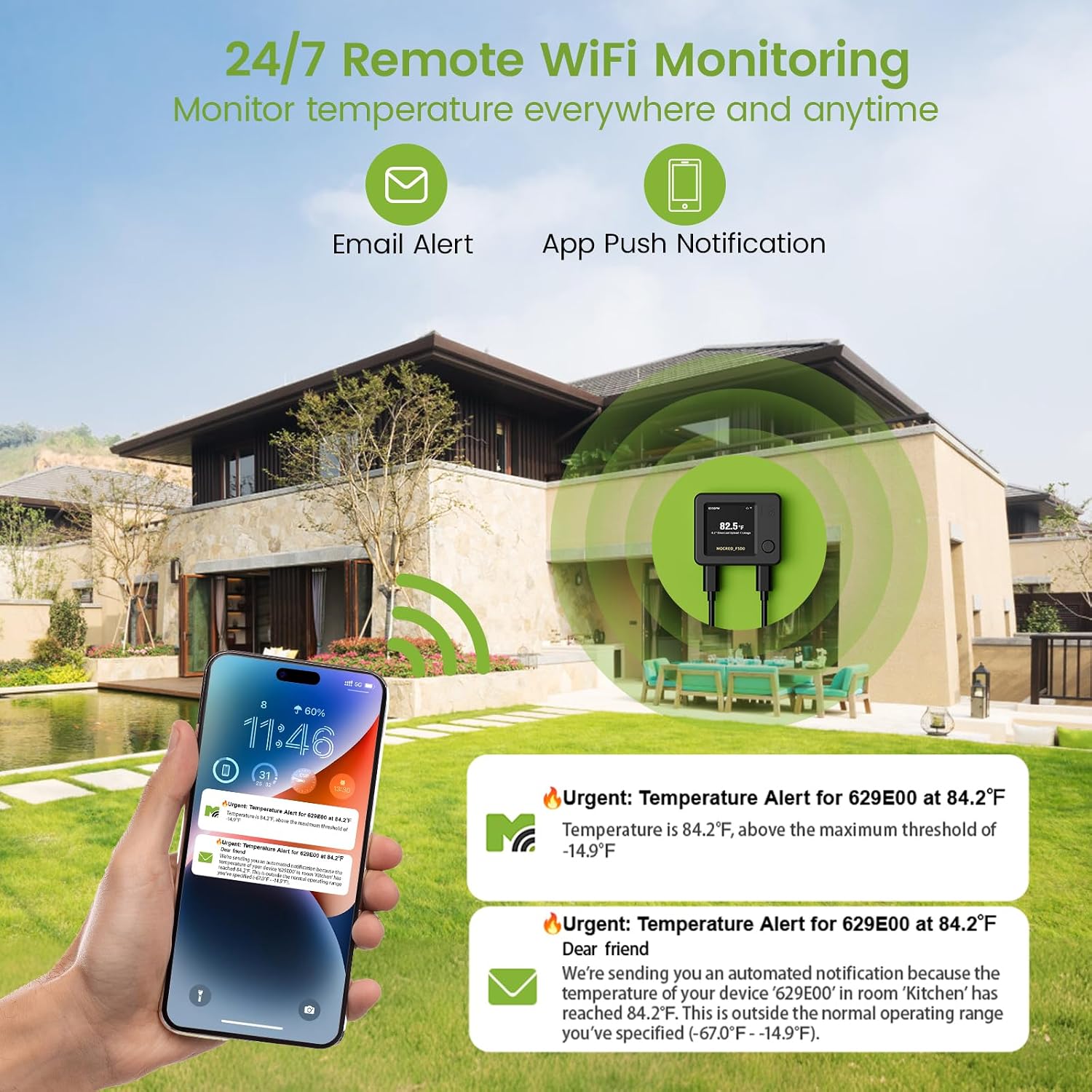 NS1 remote WiFi temperature monitoring with App and email alerts
