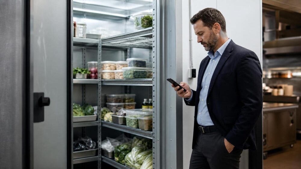 Restaurant manager reviewing automatic fridge temperature monitoring on a smartphone