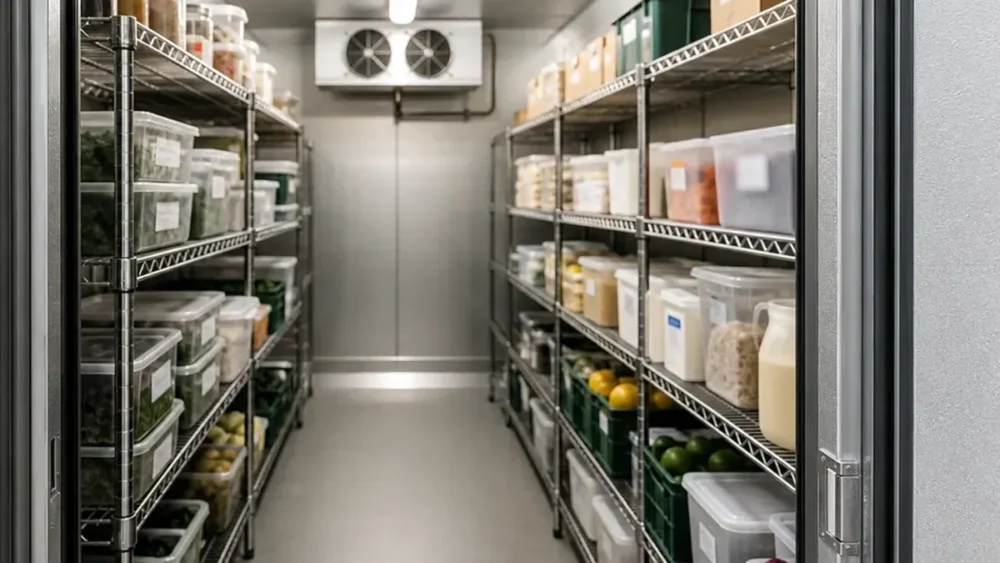 Commercial restaurant walk-in cooler with organized food storage