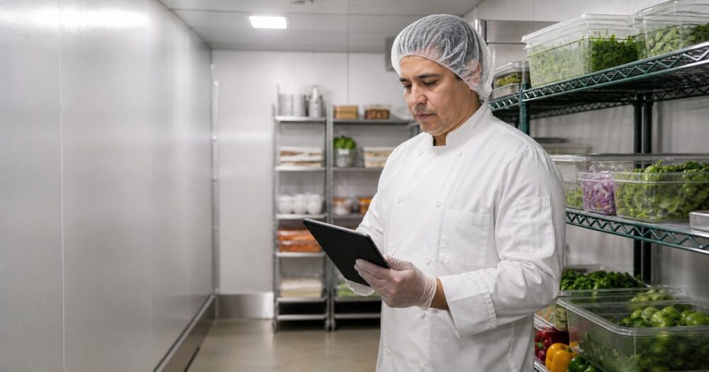Food safety manager reviewing a tablet while inspecting a restaurant walk-in cooler