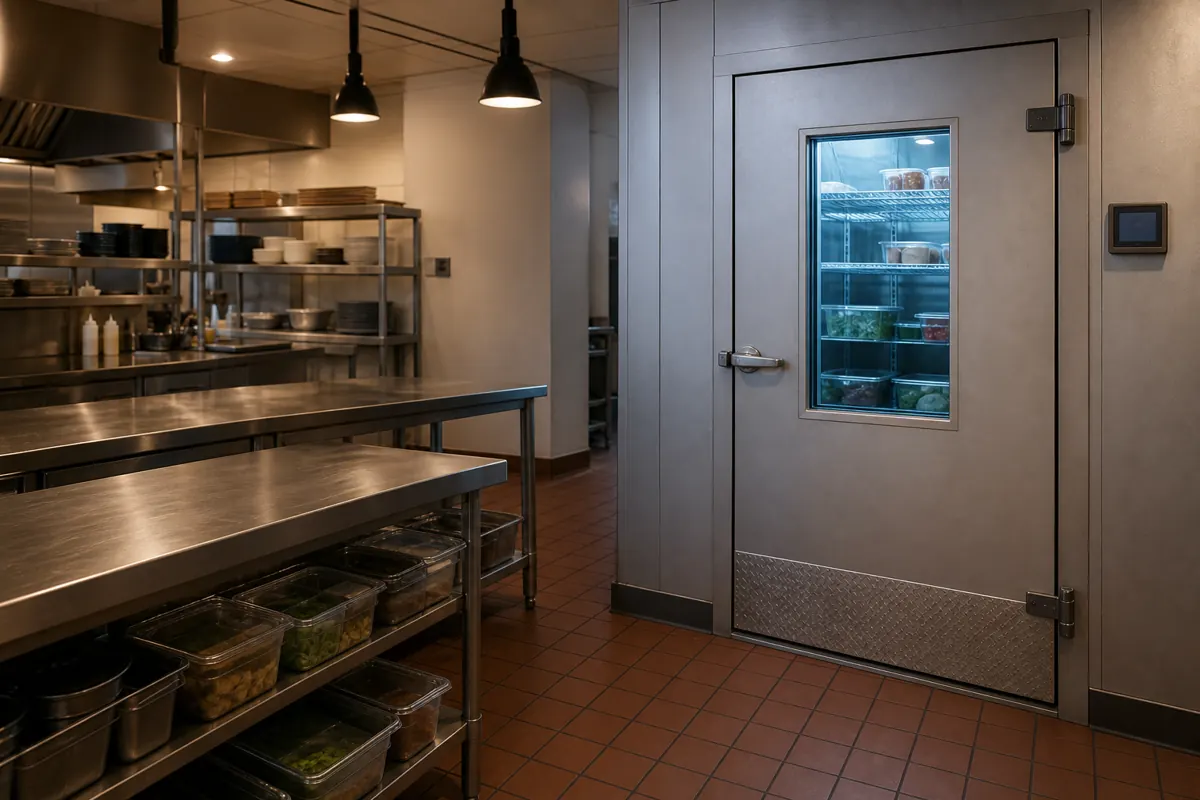 Empty commercial restaurant kitchen beside a monitored walk-in cooler at closing time