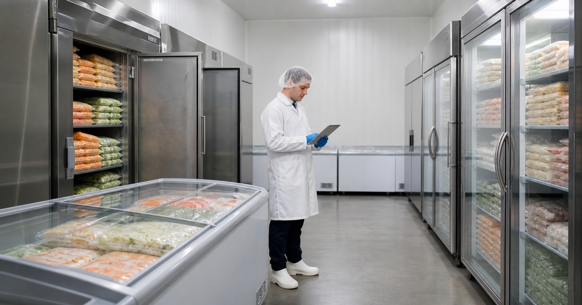 Quality control employee reviewing multi-point temperature monitoring in a food cold storage facility