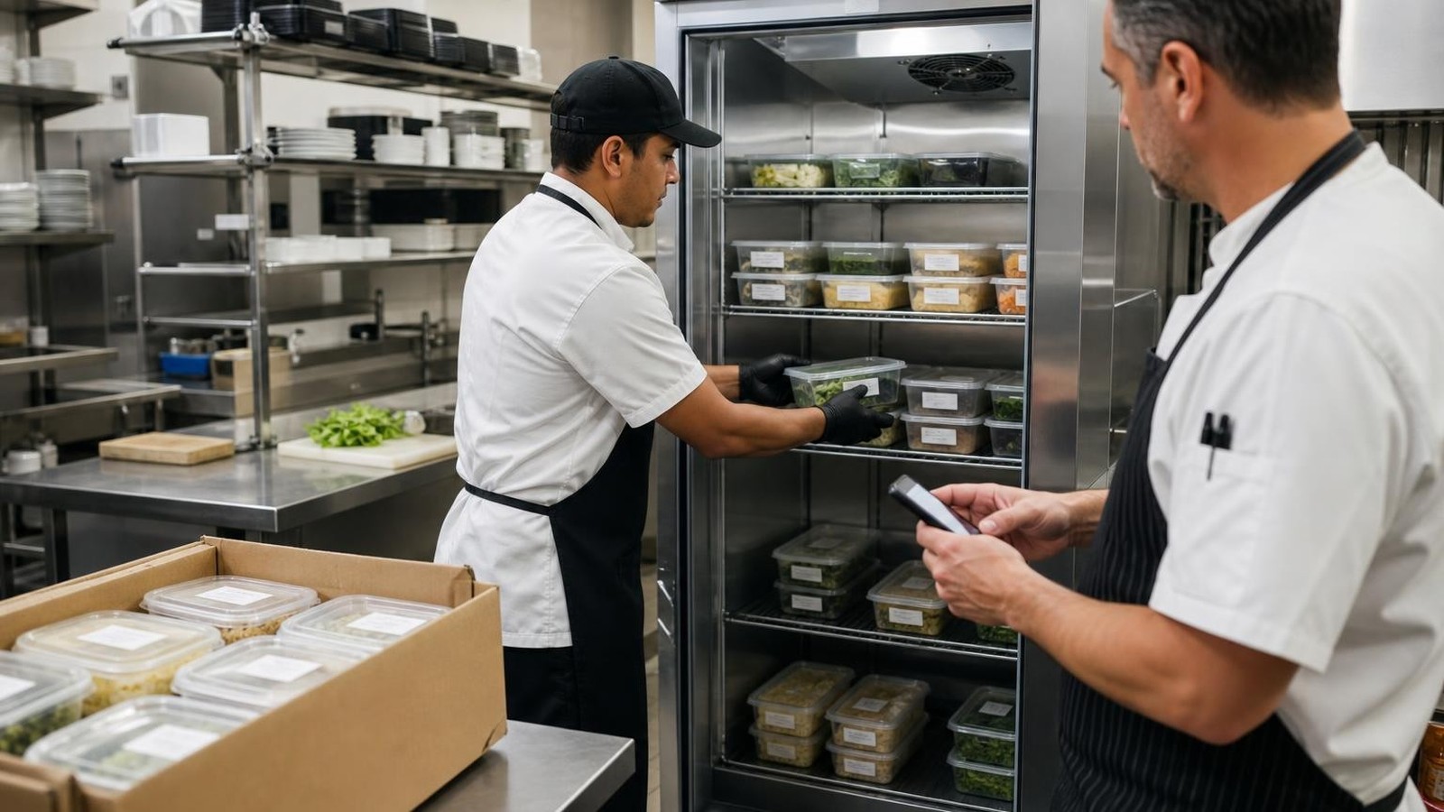 Restaurant staff loading sealed food containers into a monitored refrigerator