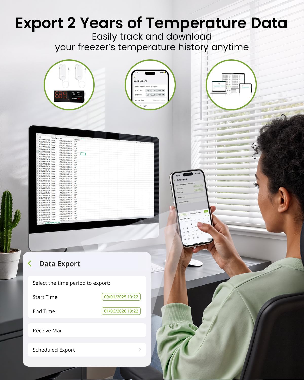 H5Lite-MS2D two-year temperature history and CSV data export for refrigerator and freezer monitoring