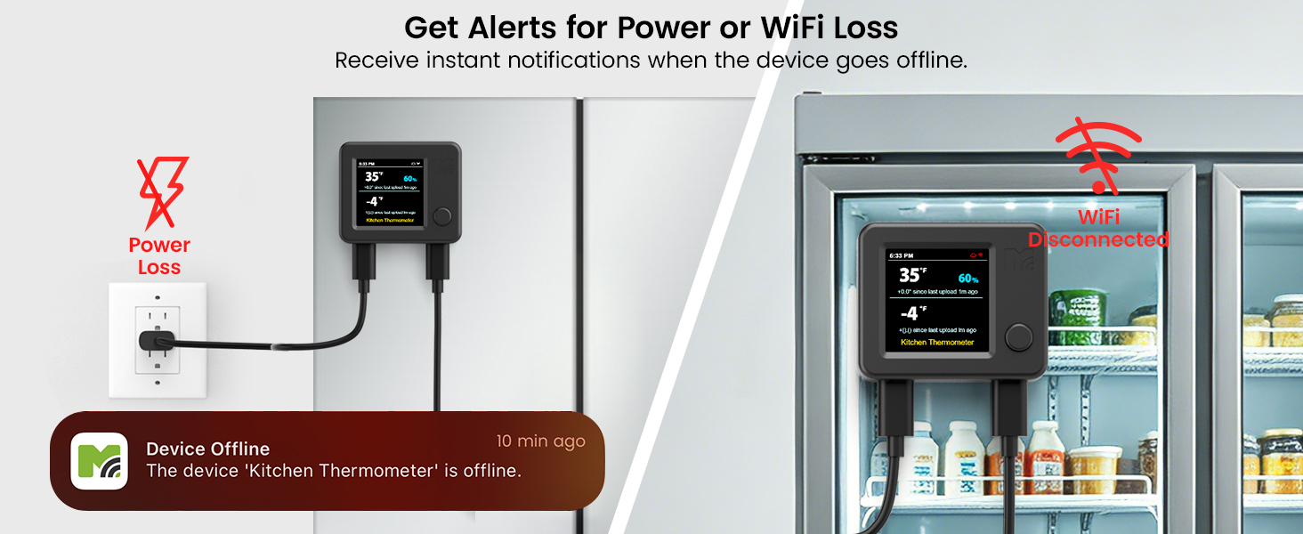 NS3 power and WiFi offline alerts for refrigerator and freezer monitoring